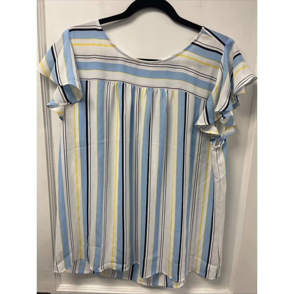 Loft Outlet White Blue Vertical Striped Flutter Sleeve Blouse Size Large